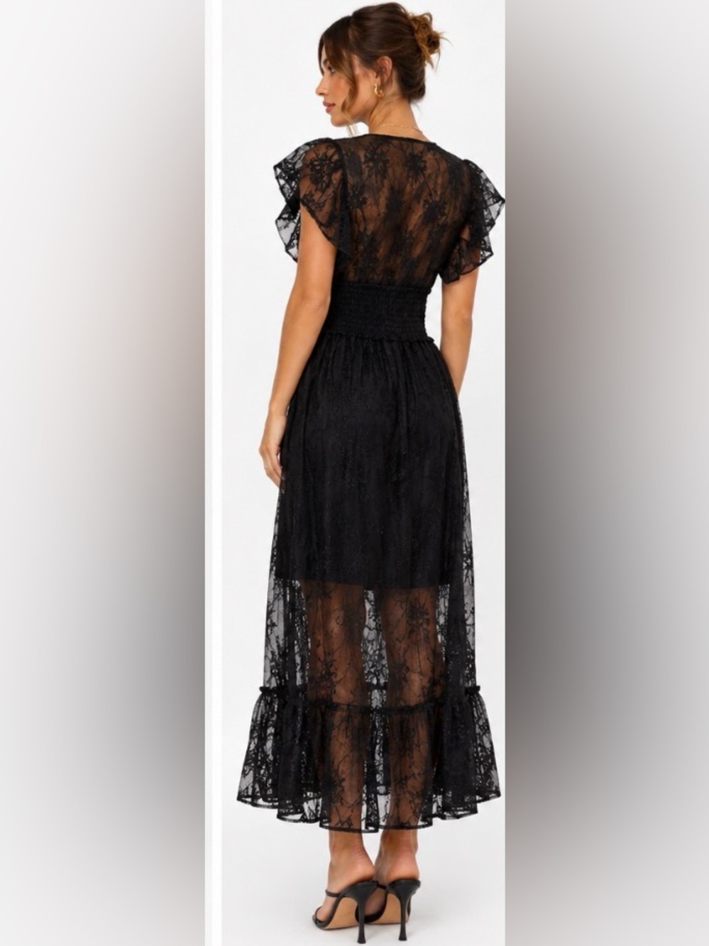 OMBRA USA Black Lace Embroidered Flutter Sleeve Midi Dress NWOT - Picture 3 of 5